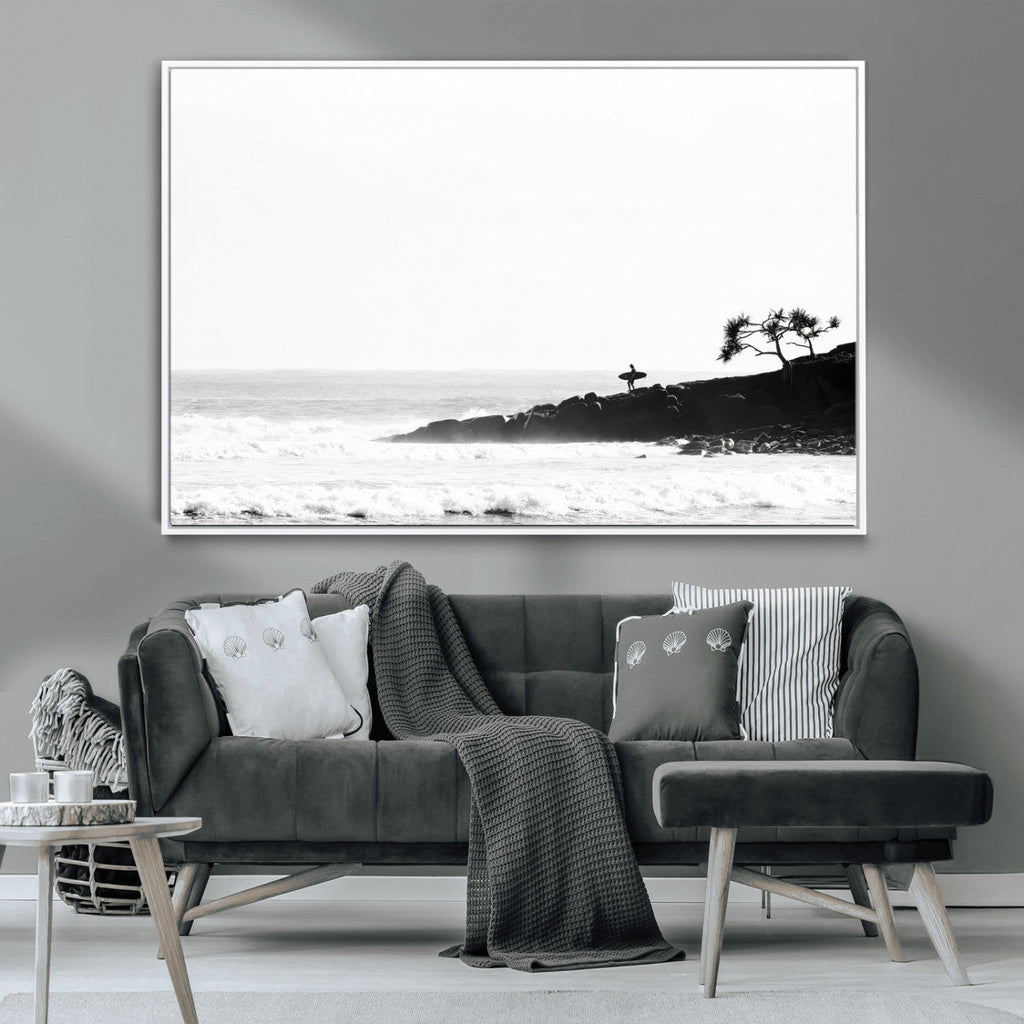 Surfer Cliffs Wall Art Canvas Print, Framed Black White Beach and Ocean Waves