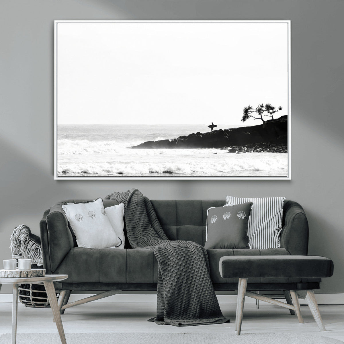 Surfer Cliffs Wall Art Canvas Print, Framed Black White Beach and Ocean Waves
