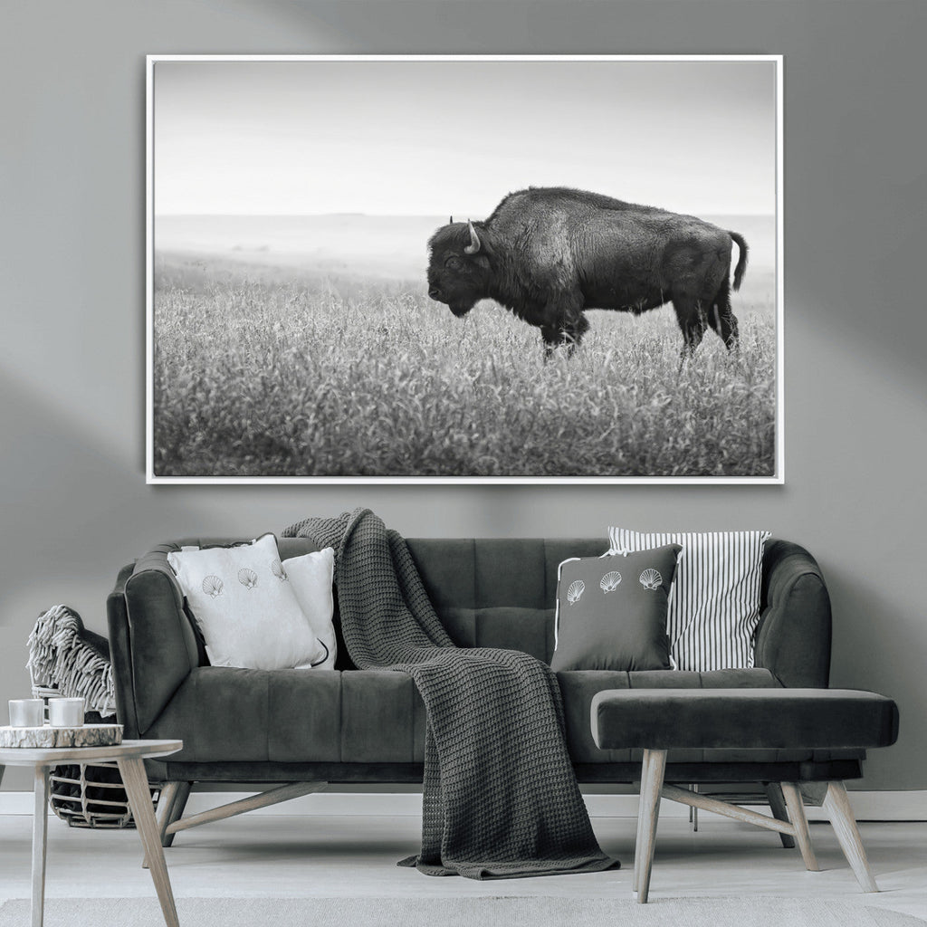 Bison Wall Art Canvas Print, Framed Rustic Wildlife Scene with Wild Buffalo