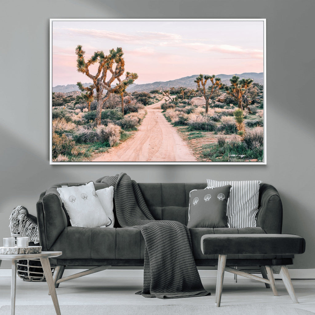 Joshua Tree Wall Art Canvas Print, Framed Desert Road Scene at Sunset