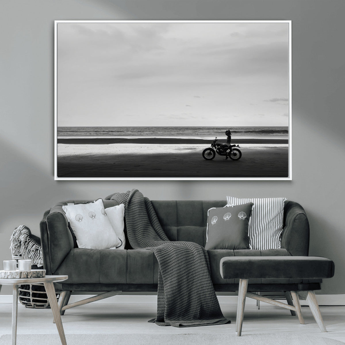 Motorcycle Beach Wall Art Canvas Print, Framed Vintage Motorcycle and Biker Silhouette