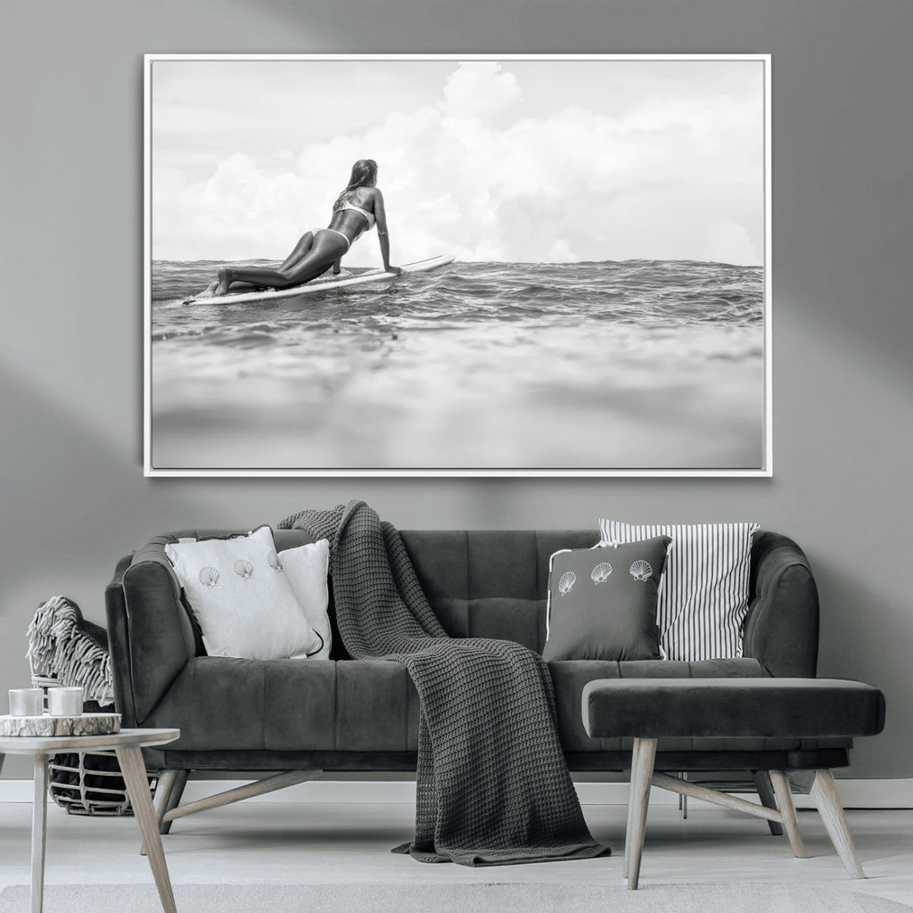 Black and White Surfing Wall Art Canvas Print, Framed Ocean Horizon Surfer Girl