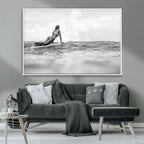 Black and White Surfing Wall Art Canvas Print, Framed Ocean Horizon Surfer Girl