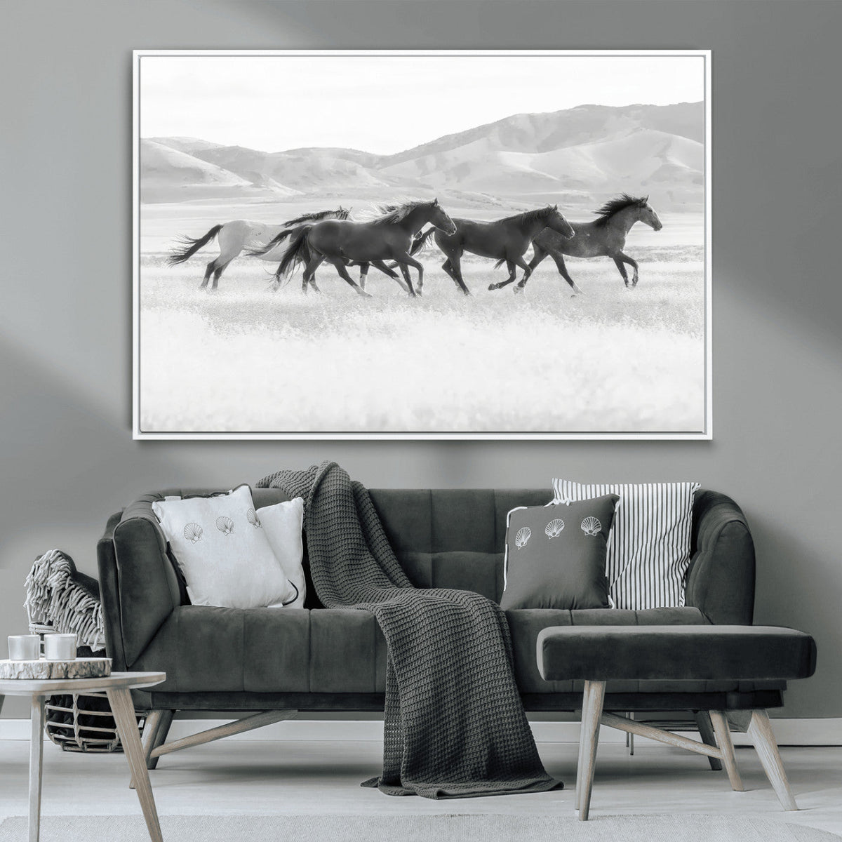 Wild Horses Running Wall Art Canvas Print, Framed Black White Mustangs Artwork