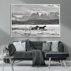 Wild Horses Wall Art | Framed Black White Mountain Canvas