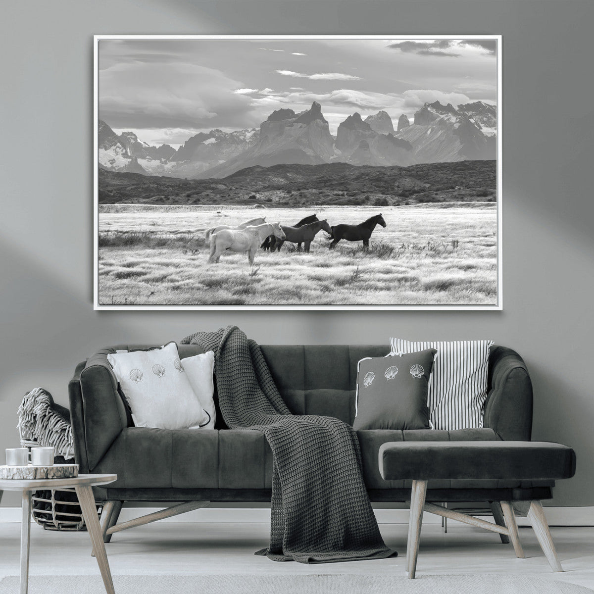 Wild Horses Wall Art | Framed Black White Mountain Canvas