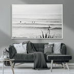 Surfer Silhouette Wall Art Canvas Print, Framed Calm Ocean Monochrome Surf