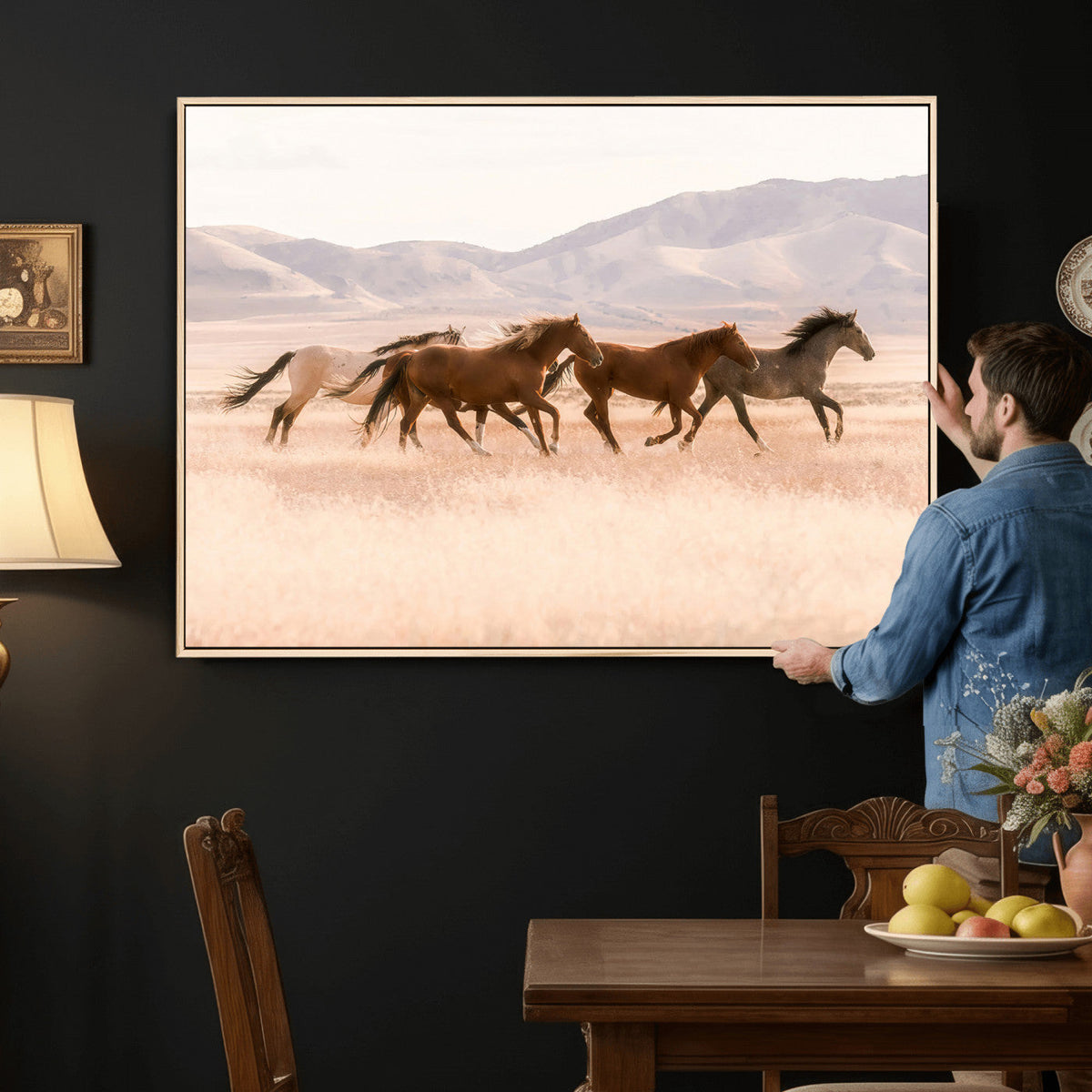 Wild Horse Wall Art Canvas Print, Framed Rustic Western Art, Desert Horse Scene
