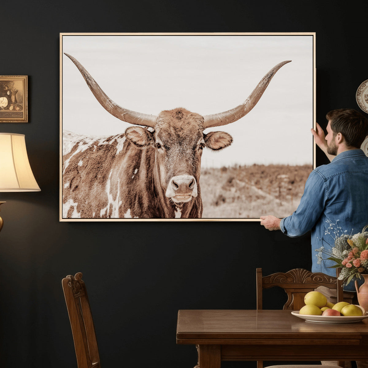 Longhorn Cow Wall Art Canvas Print, Framed Texas Ranch Print, Western Bull Art, Cowboy Decor