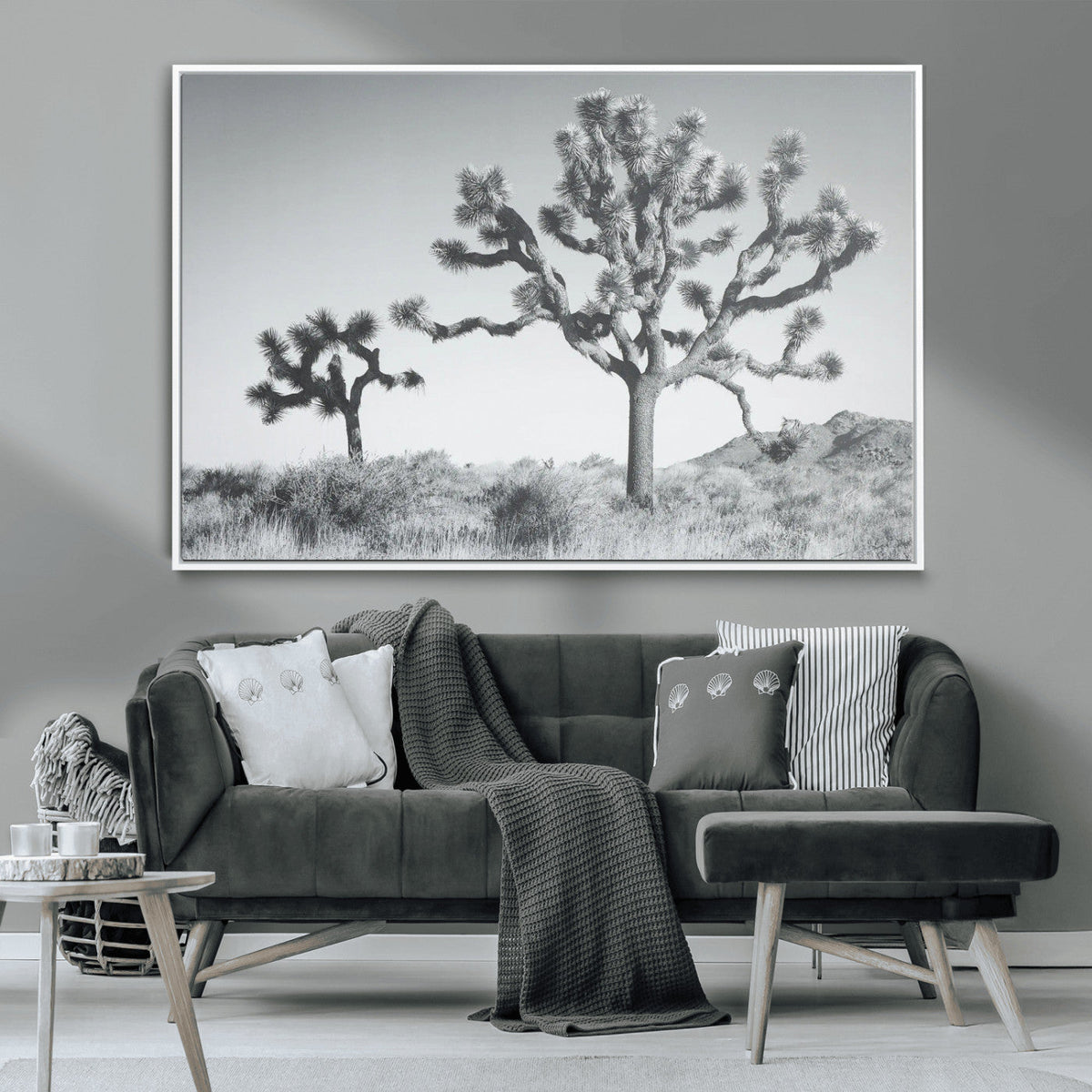 Joshua Tree Wall Art Canvas Print, Framed Black and White Desert Landscape Artwork