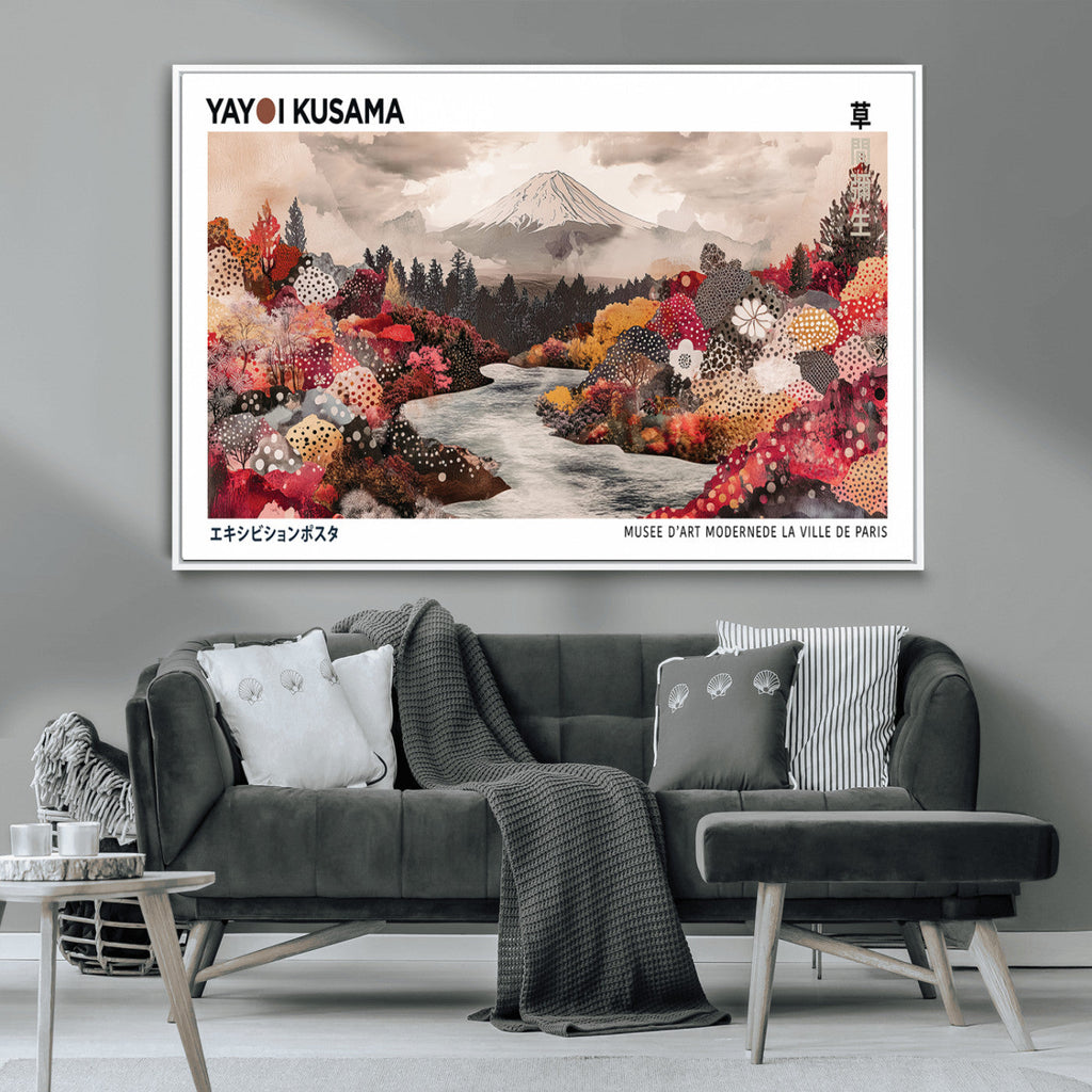 Modern Japanese Wall Art Canvas Print, Framed Abstract Mount Fuji Art, Yayoi Kusama Japanese Landscape