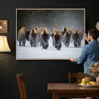 Bison Herd Wall Art Canvas Print, Framed Rustic Wildlife Decor, Snowy Bison Landscape