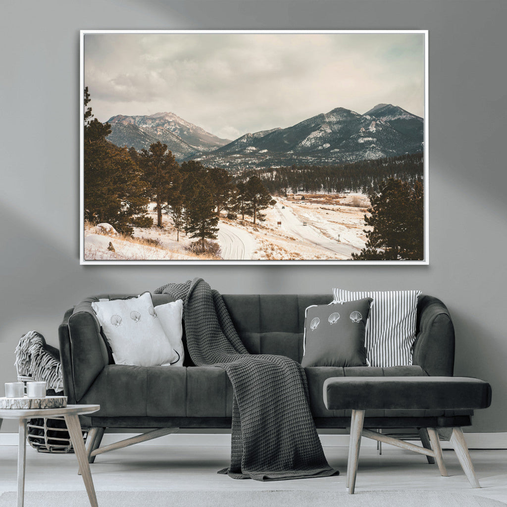 Mountain Landscape Wall Art Canvas Print, Framed Snowy Peaks Alpine Winter