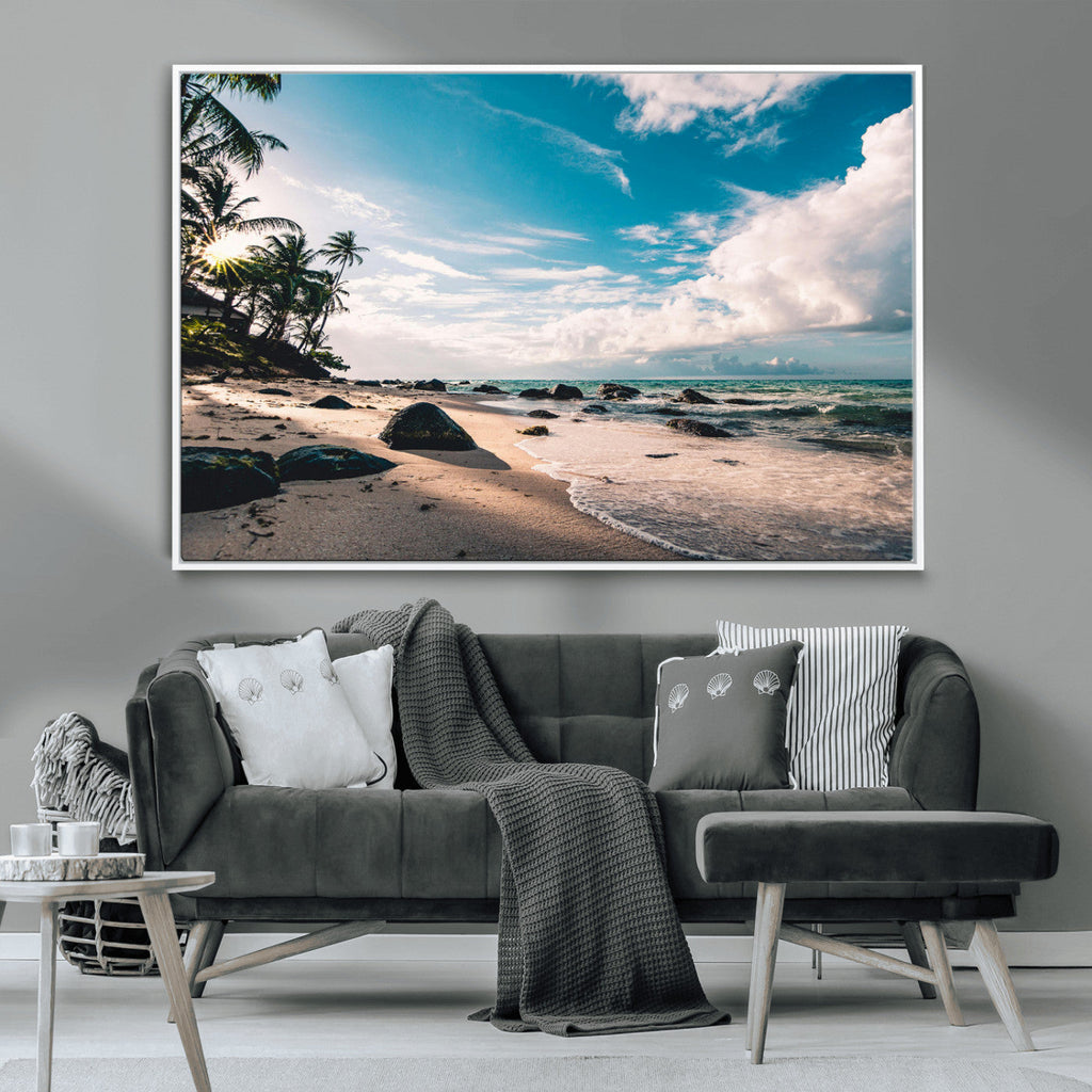 Tropical Beach Wall Art Canvas Print, Framed Ocean Waves Relaxing Seascape