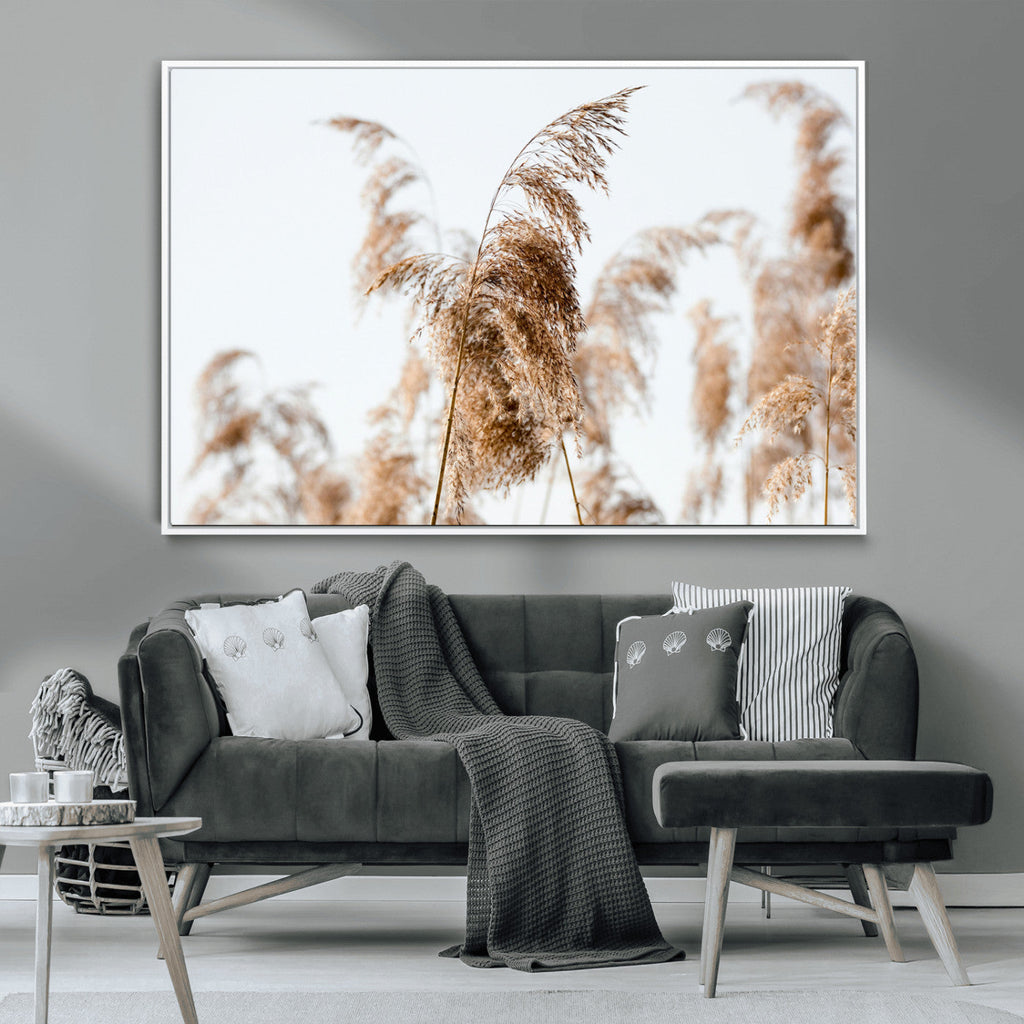 Pampas Grass Wall Art Canvas Print, Framed Neutral Tones Minimalist Boho