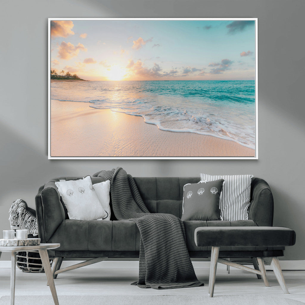 Beach Sunset Wall Art Canvas Print, Framed Ocean Waves Summer Escape