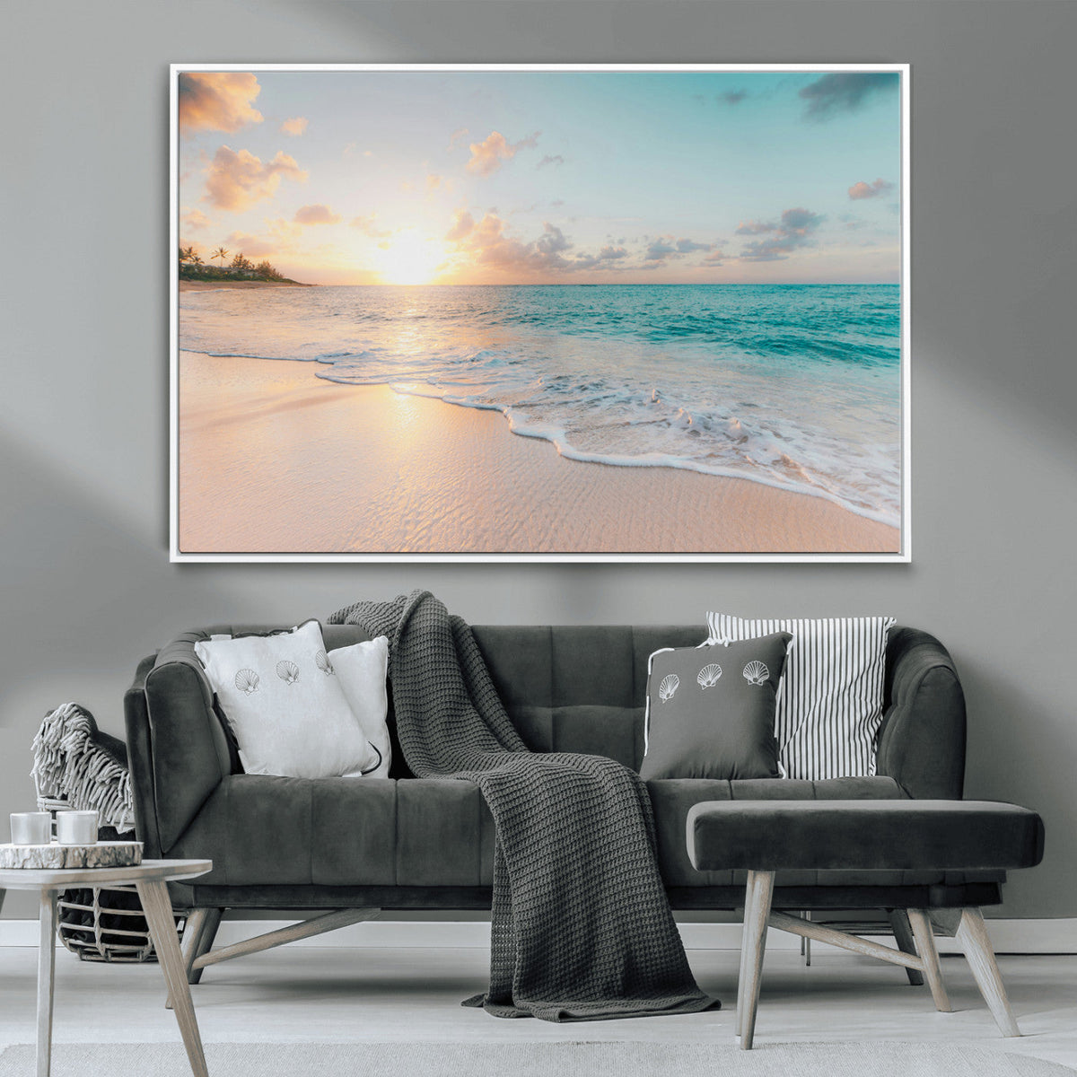 Beach Sunset Wall Art Canvas Print, Framed Ocean Waves Summer Escape