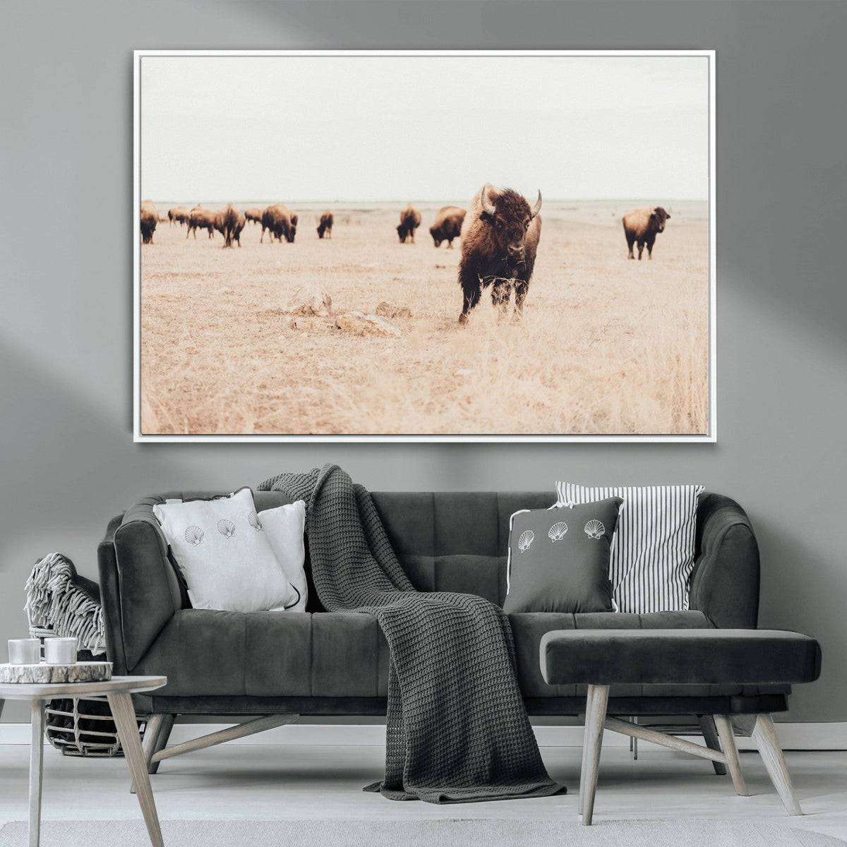 Bison Herd Wall Art Canvas Print, Framed Western Prairie Serenity