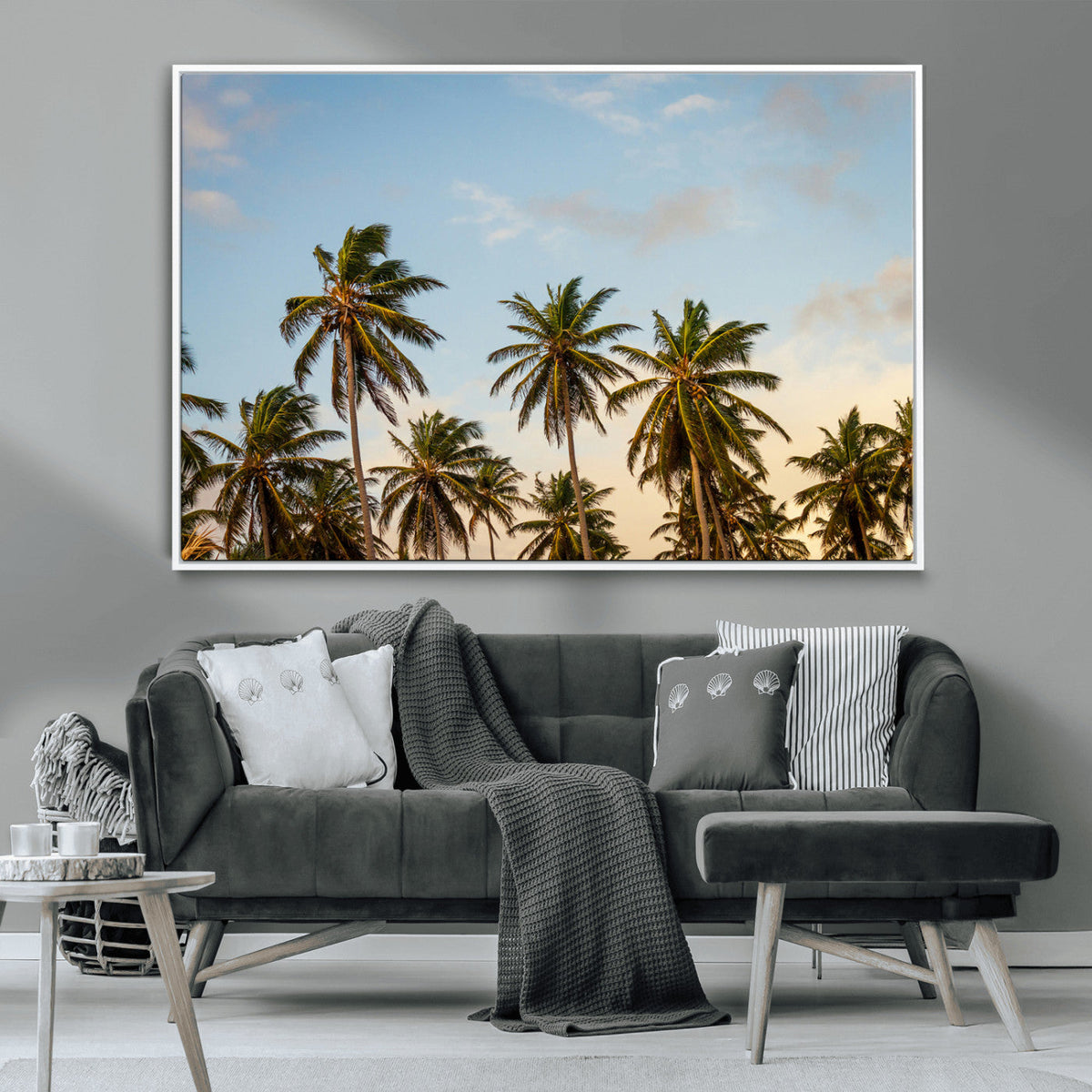 Palm Trees Wall Art Canvas Print, Framed Tropical Vibes Coastal Sunset
