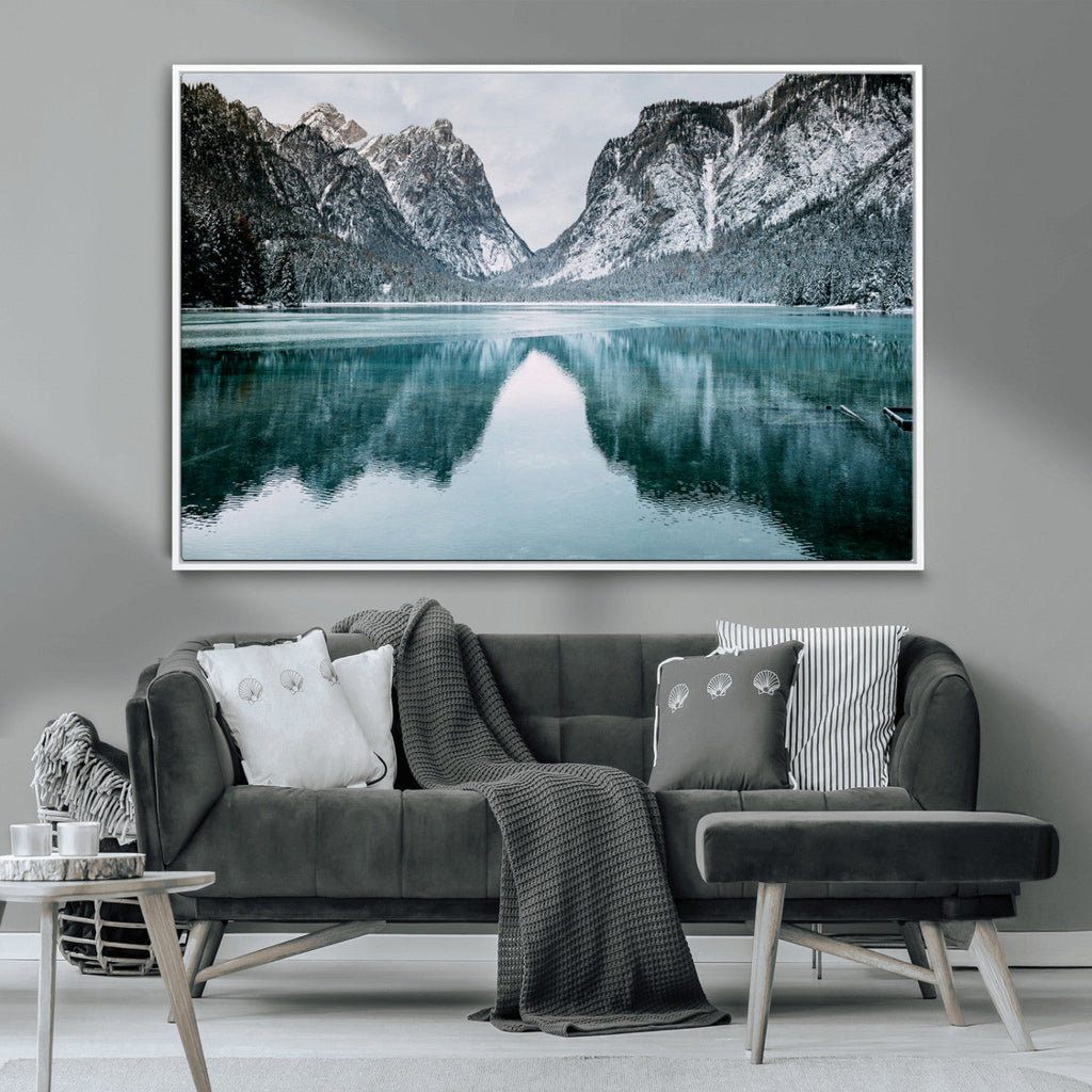 Mountain Lake Wall Art Canvas Print, Framed Toblacher See Winter Wonderland