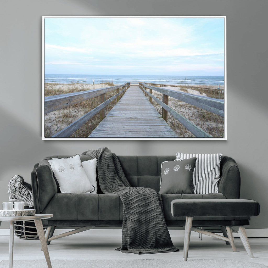 Beach Boardwalk Wall Art Canvas Print, Framed Coastal Serenity Ocean View