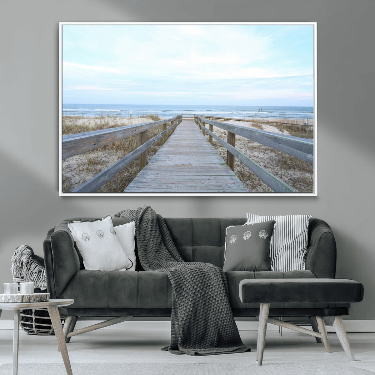 Beach Boardwalk Wall Art Canvas Print, Framed Coastal Serenity Ocean View