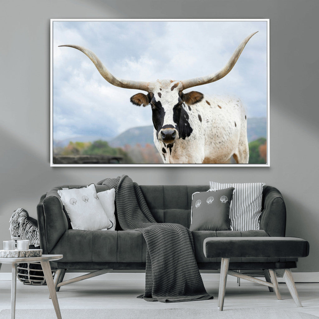 Texas Longhorn Wall Art Canvas Print, Framed Western Rustic Farmhouse
