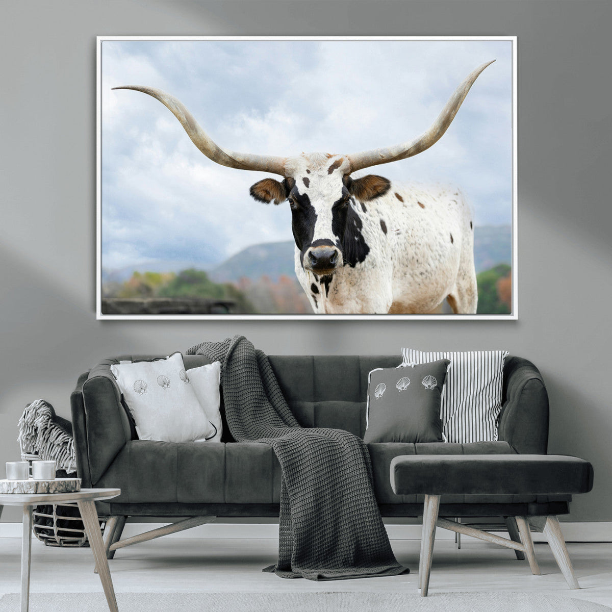 Texas Longhorn Wall Art Canvas Print, Framed Western Rustic Farmhouse