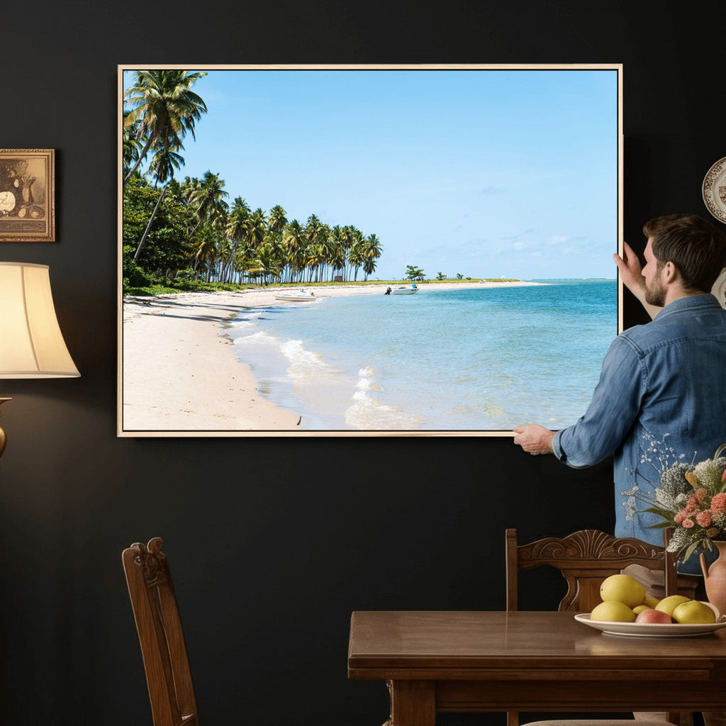 Palm Tree Coast Wall Art Canvas Print, Framed Island Getaway with Crystal Blue Water