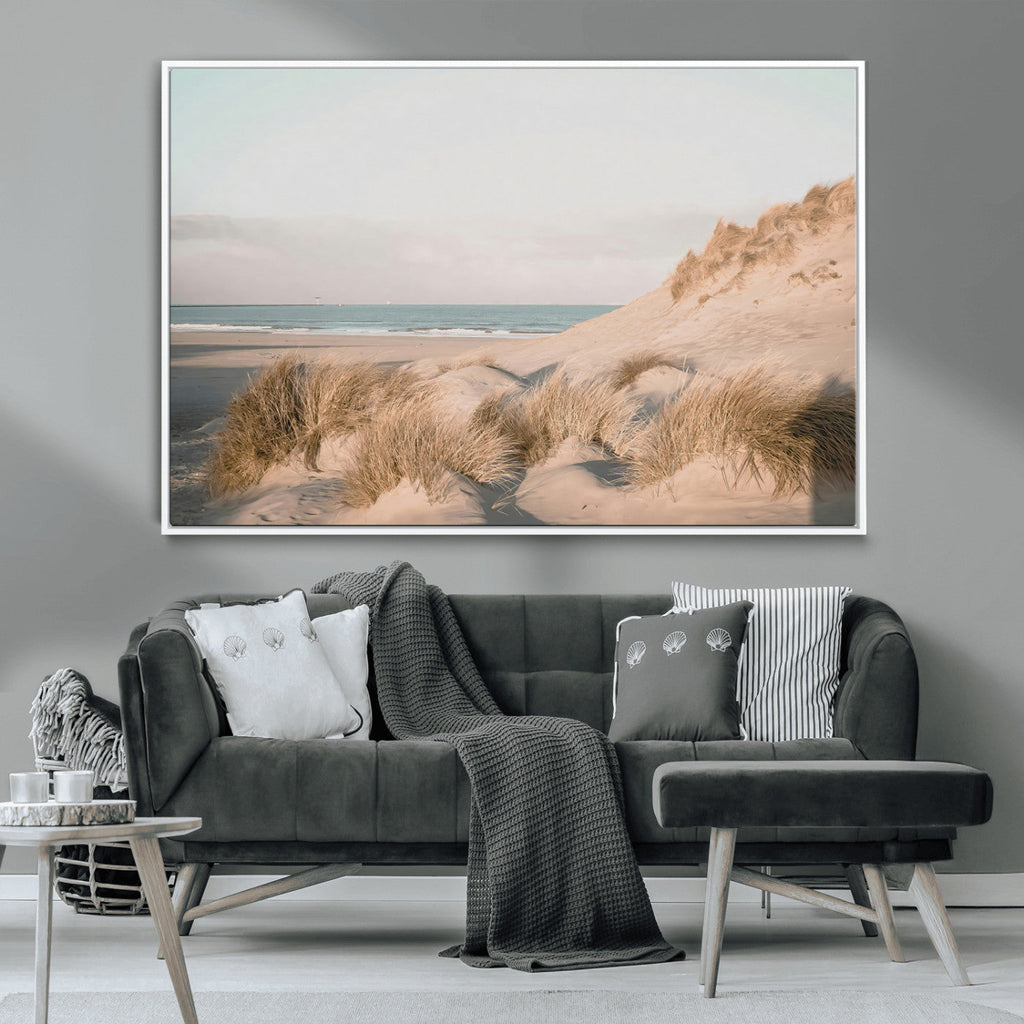 Beach Landscape Wall Art Canvas Print, Framed Sand Dune Photography, Minimalist Seascape Coastal Decor