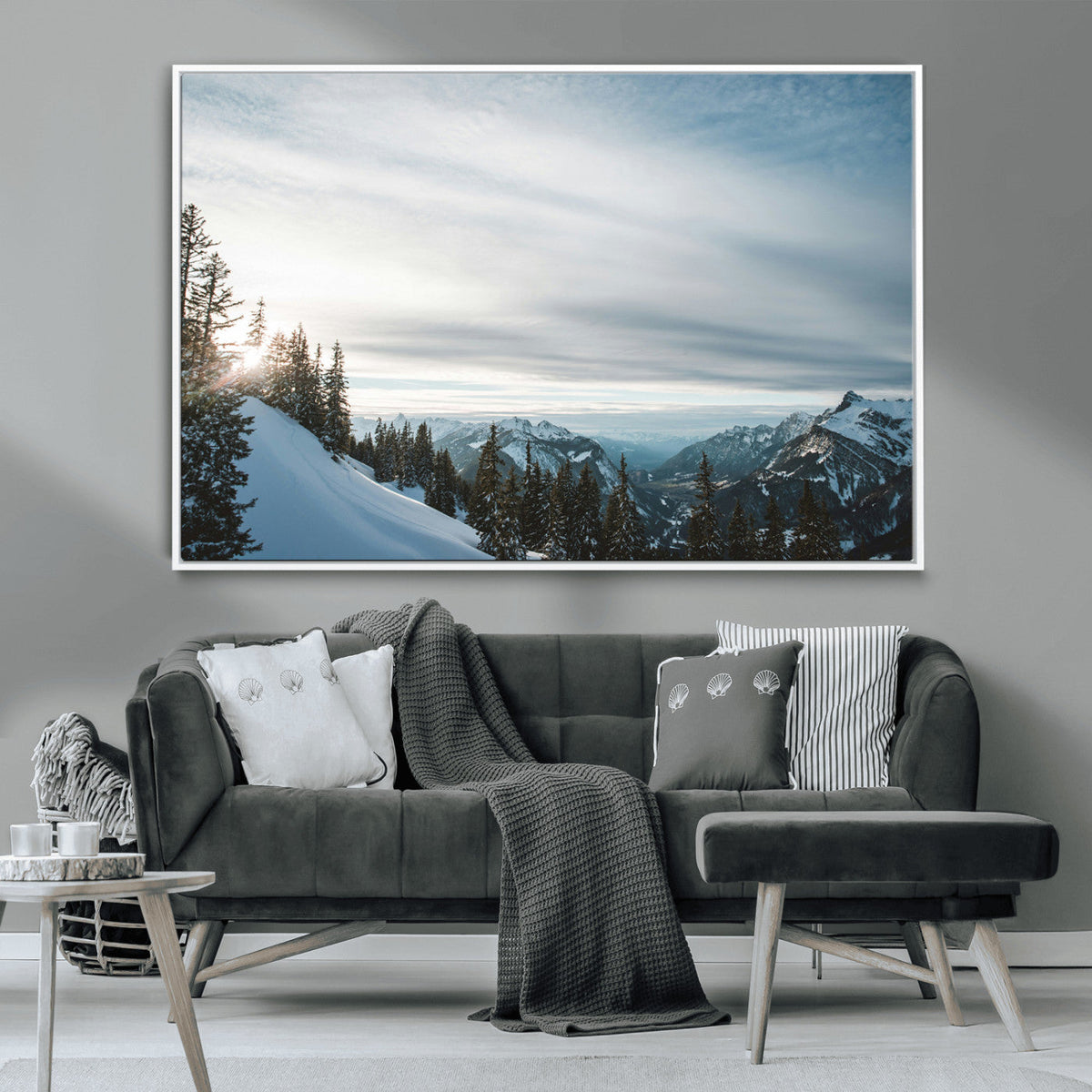 Snowy Mountains Wall Art Canvas Print, Framed Alpine Landscape Frosty Peaks Artwork