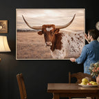 Texas Longhorn Cow Canvas Wall Art, Majestic Bull on a Rustic Western Farm
