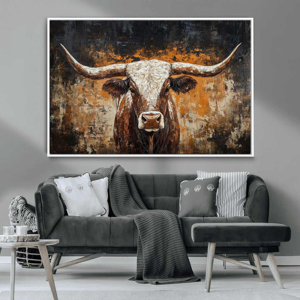 Abstract Longhorn Bull Wall Art Canvas Print, Vintage Western Texas Steer Artwork