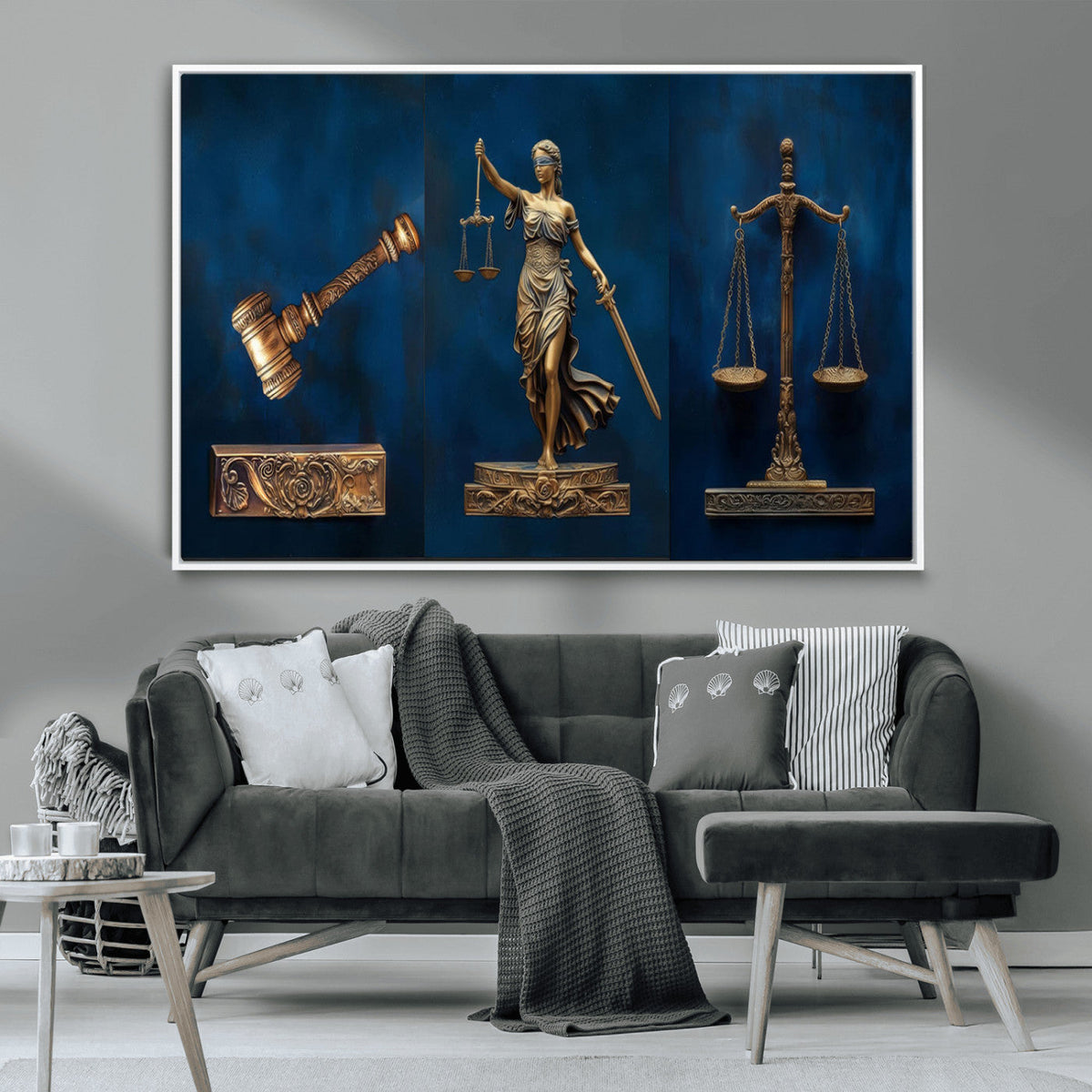 Lady Justice Wall Art Canvas Print, Elegant Gold Legal Symbols on Blue, Law Office Decor