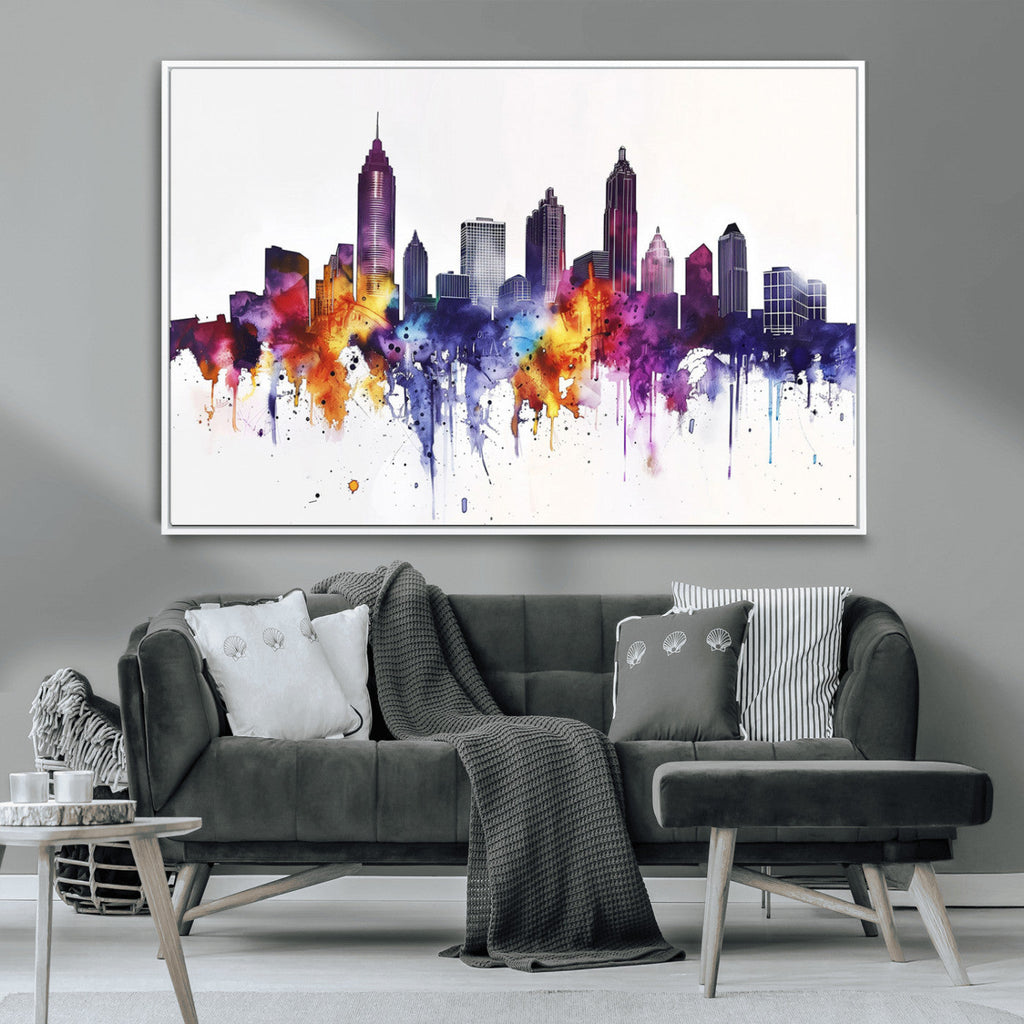 Atlanta Skyline Wall Art Canvas Print, Framed Colorful Watercolor Cityscape