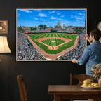 Wrigley Field Baseball Stadium Canvas Wall Art, Packed Crowd and Chicago Skyline