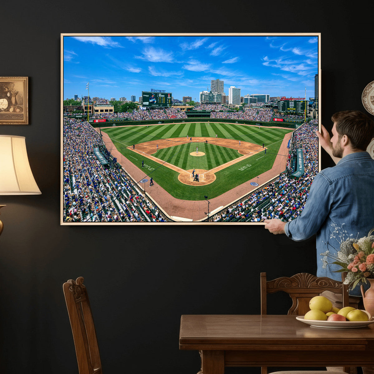 Wrigley Field Baseball Stadium Canvas Wall Art, Packed Crowd and Chicago Skyline