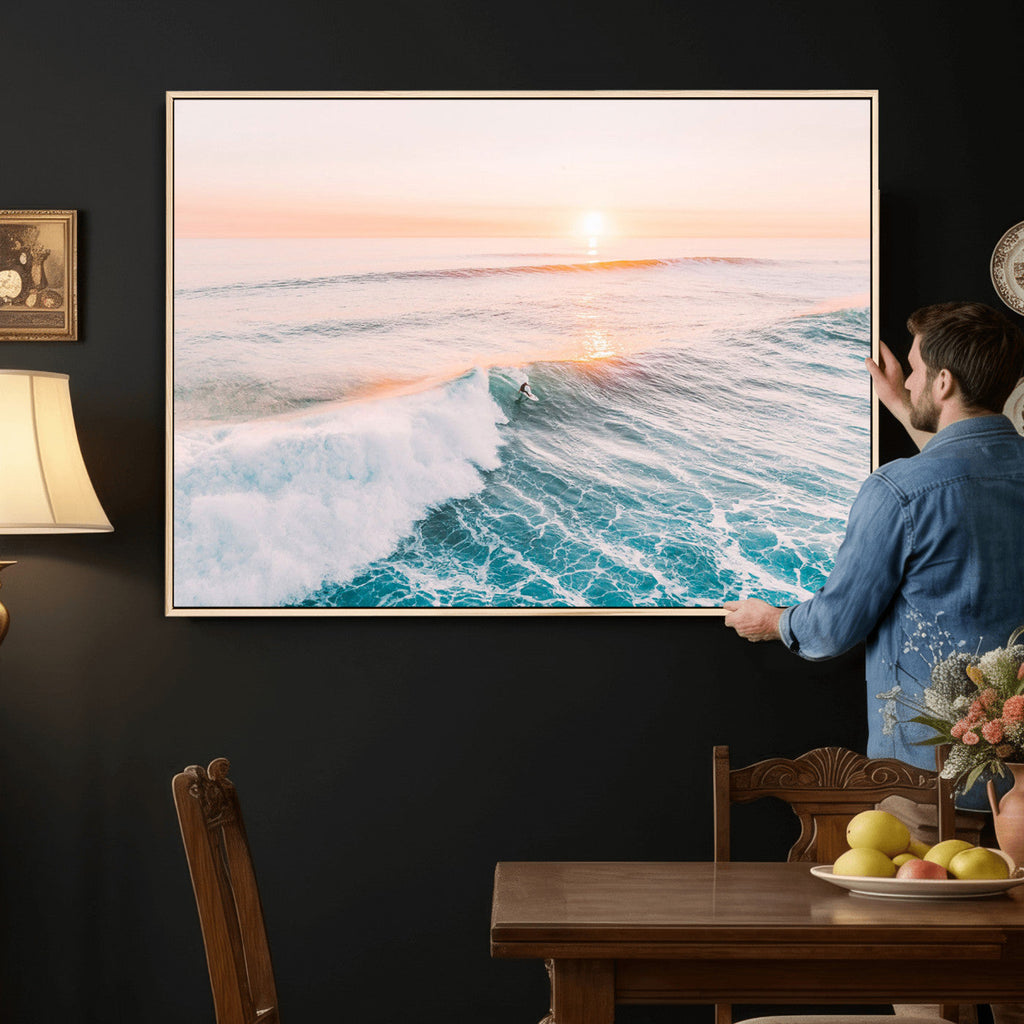 Sunset Surfing Wall Art Canvas Print, Ocean Wave Surfer with Golden Sky