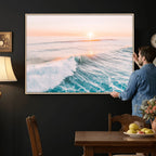 Sunset Surfing Wall Art Canvas Print, Ocean Wave Surfer with Golden Sky