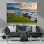 Coastal Golf Course Wall Art Canvas Print, Sunset with Rolling Green Fairways and Ocean Waves