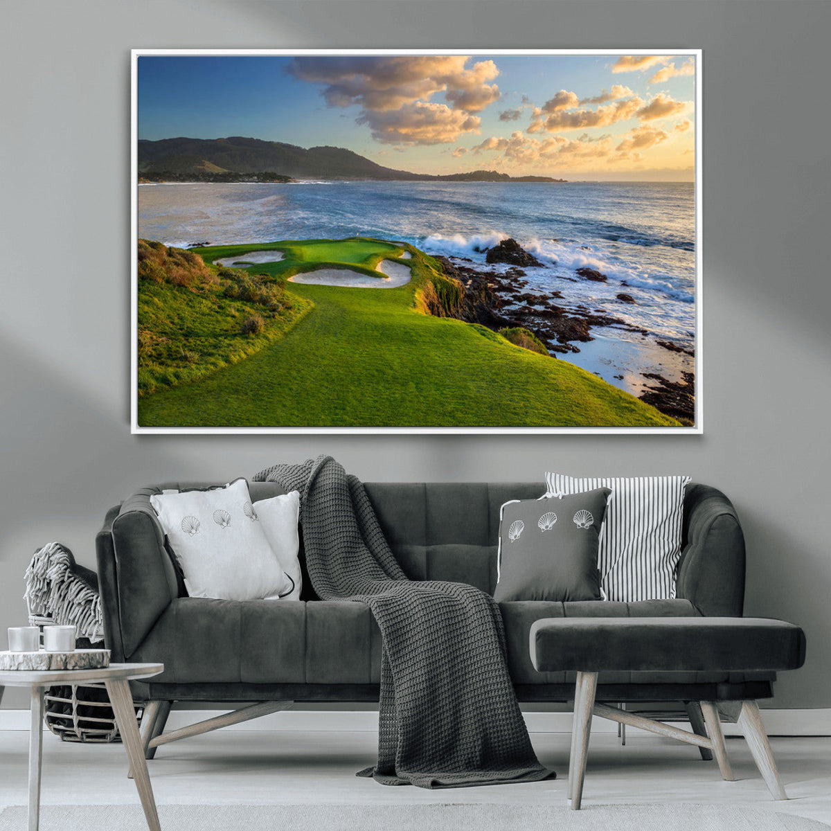 Coastal Golf Course Wall Art Canvas Print, Sunset with Rolling Green Fairways and Ocean Waves