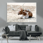 Majestic Longhorn Wall Art Canvas Print, Resting on Sunlit Desert Ground