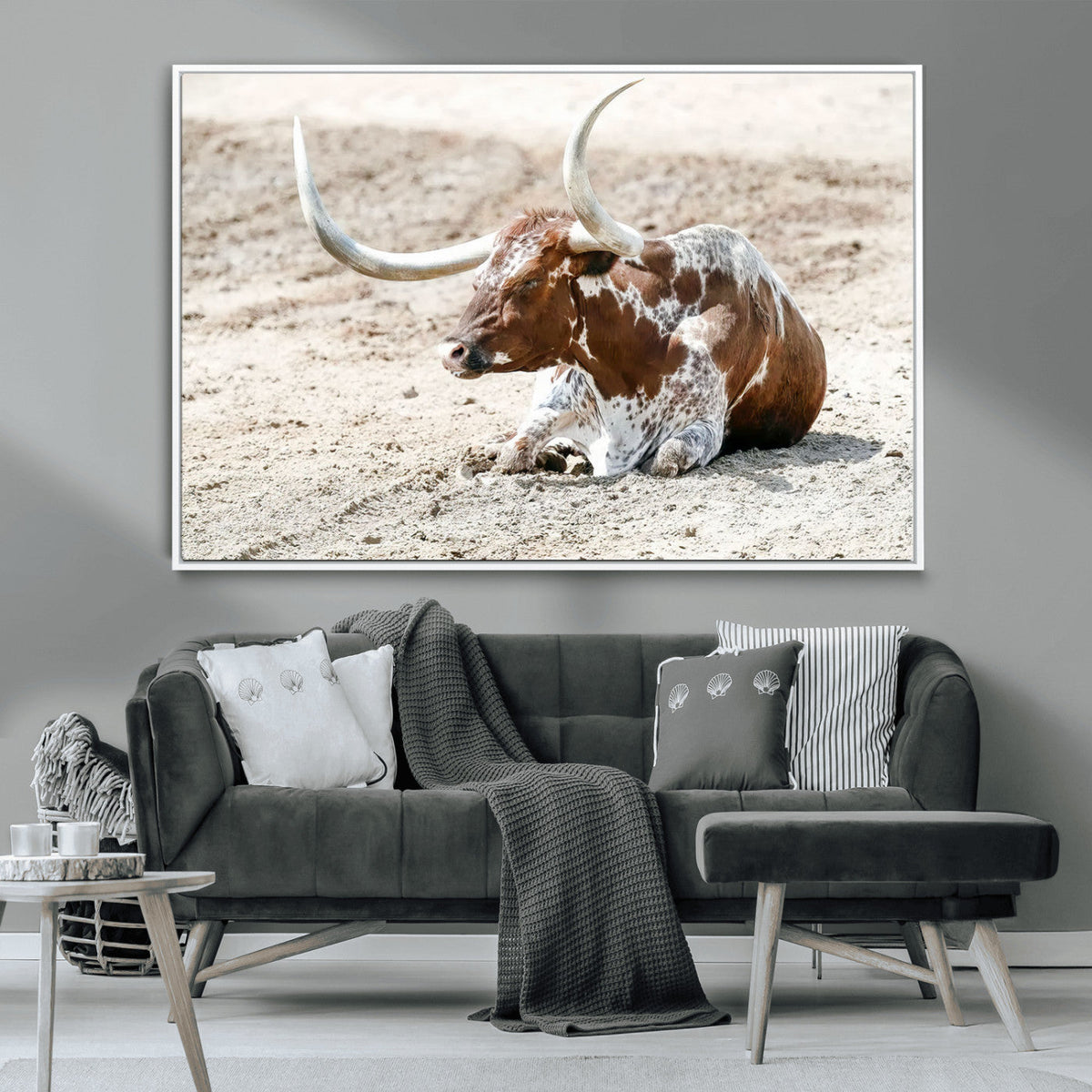 Majestic Longhorn Wall Art Canvas Print, Resting on Sunlit Desert Ground