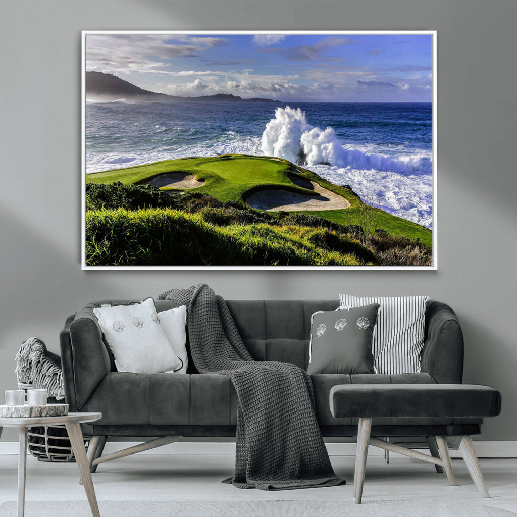 Ocean Waves Crashing Wall Art Canvas Print, Dramatic Rocky Coastline Near a Golf Course