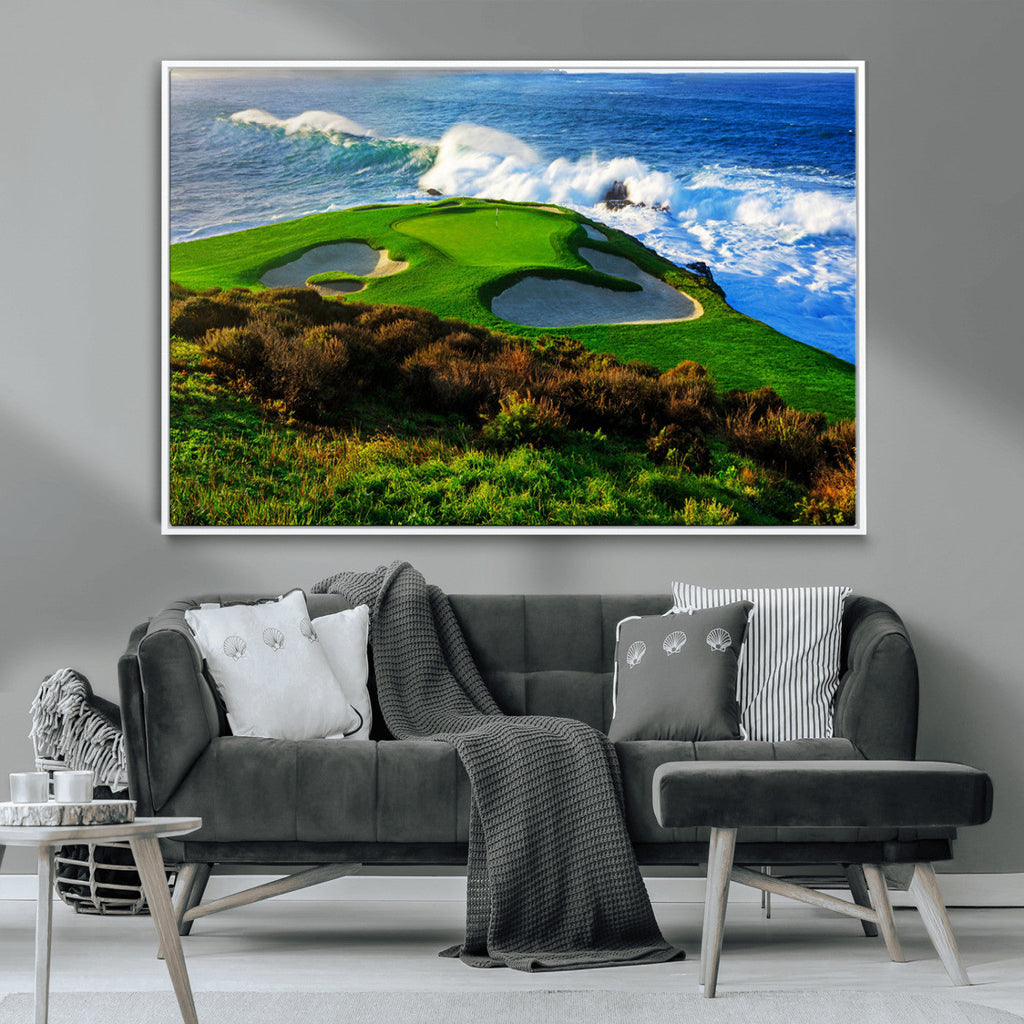 Coastal Golf Course Wall Art Canvas Print, Vibrant Green with Sand Bunkers and Ocean Waves