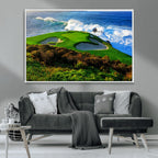 Coastal Golf Course Wall Art Canvas Print, Vibrant Green with Sand Bunkers and Ocean Waves