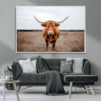 Longhorn Bull Wall Art Canvas Print, Framed Rustic Decor