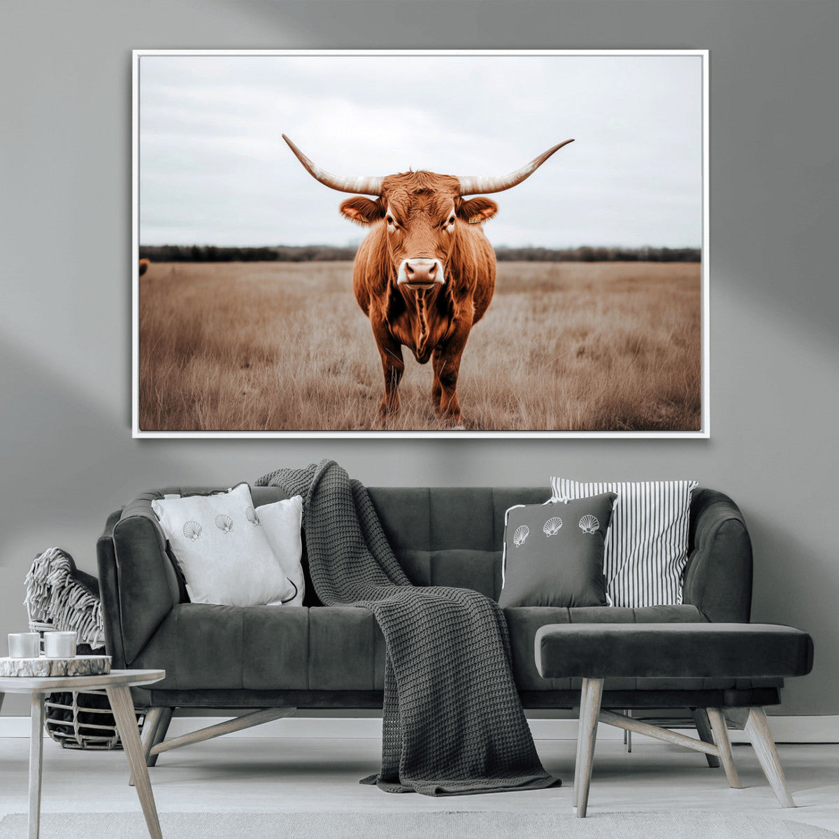 Longhorn Bull Wall Art Canvas Print, Framed Rustic Decor