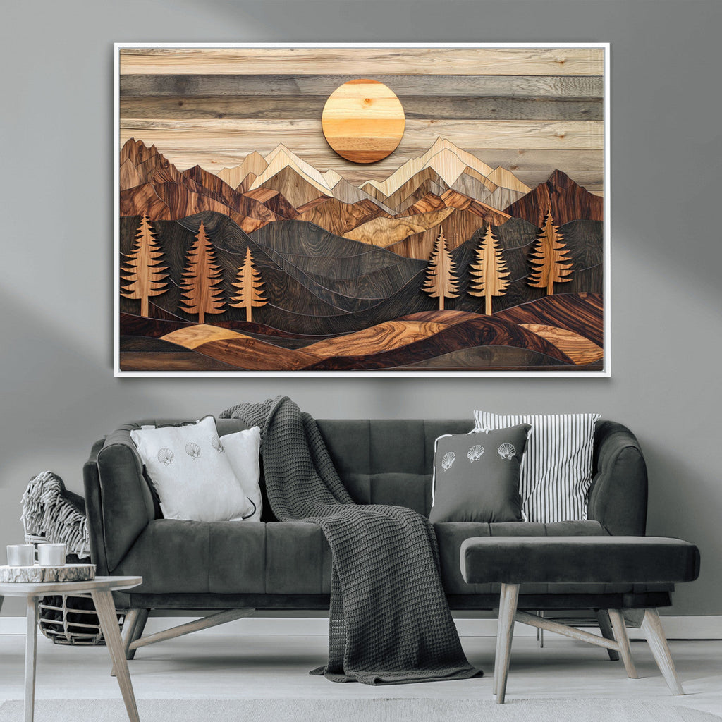 Wooden Mountain Layers Art | Rustic Pine Tree Landscape