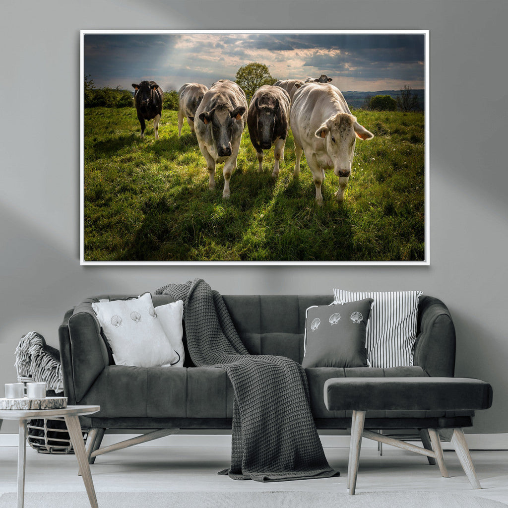 Grazing Cattle Herd Wall Art Canvas Print, Framed Green Pasture Farm Scene